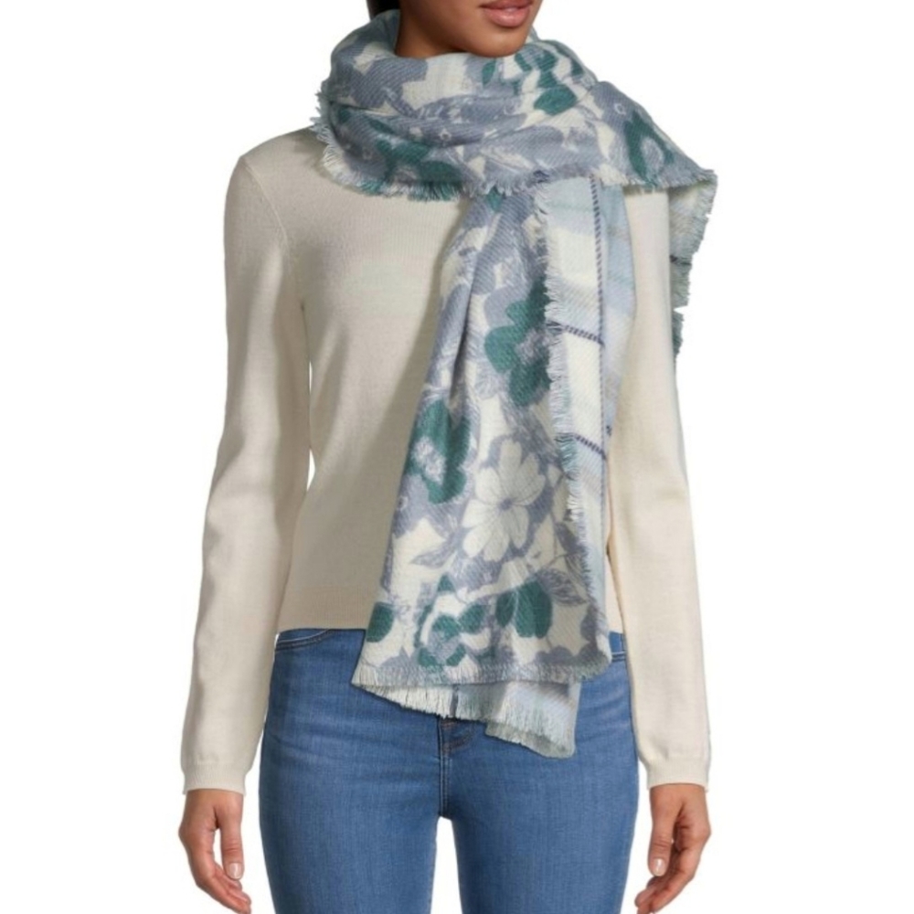 NWT Vince Camuto Reversible Floral Plaid Gray Blue Scarf